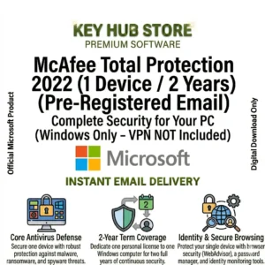 McAfee Total Protection 2022- 1 Device 2 Years (Pre Registered Email) (Windows Only - VPN NOT Included)