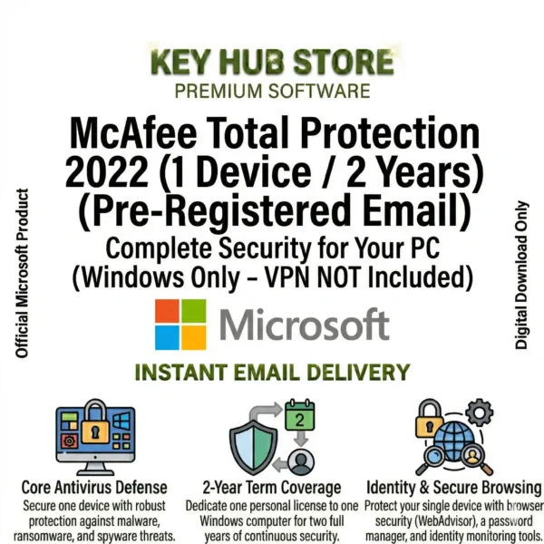 McAfee Total Protection 2022- 1 Device 2 Years (Pre Registered Email) (Windows Only - VPN NOT Included)