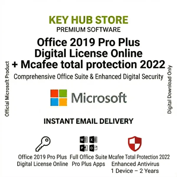 Office 2019 Pro Plus Digital License Online + Mcafee total protection 2022 1 device 2 years