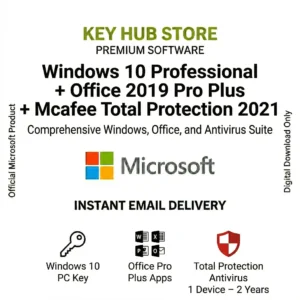 windows 10 professional + Office 2019 Pro Plus + Mcafee antivirus total protection 2021 (1 Device – 2 Years)