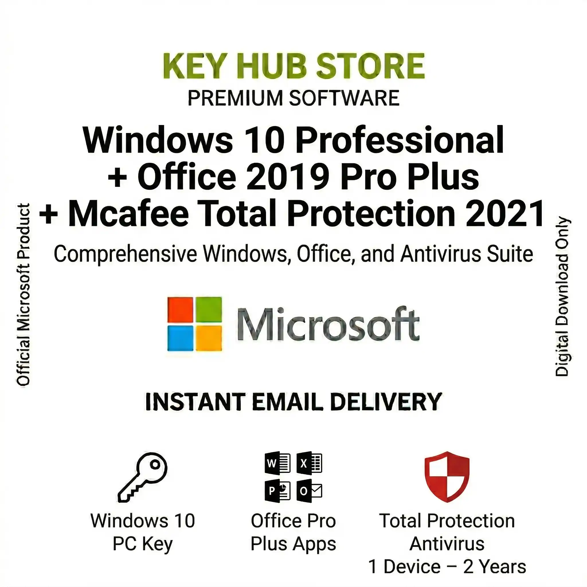 windows 10 professional + Office 2019 Pro Plus + Mcafee antivirus total protection 2021 (1 Device – 2 Years)