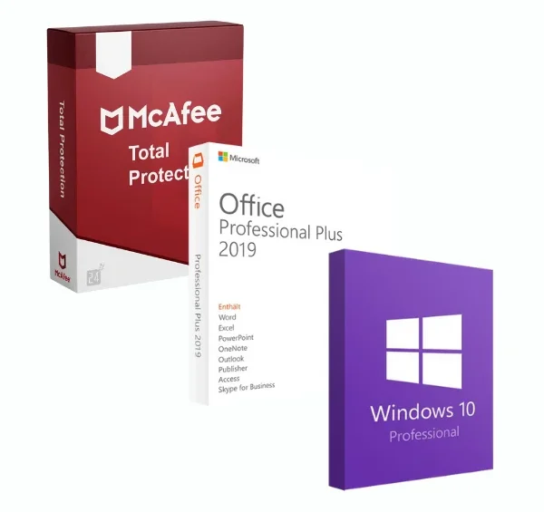 windows 10 professional 64 bit + Office 2019 Pro Plus + Mcafee antivirus total protection 2021 (1 Device – 2 Years)